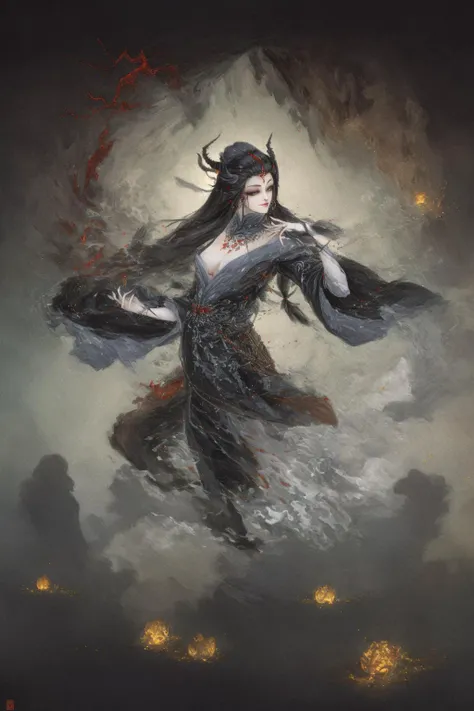 shanze, 1girl, solo, mountain, traditional media, long hair, hand fan, horns, black hair, jewelry, cloud, long sleeves, chinese clothes, hair ornament, painting (medium), wide sleeves, holding fan, makeup, holding, looking at viewer,
high quality,