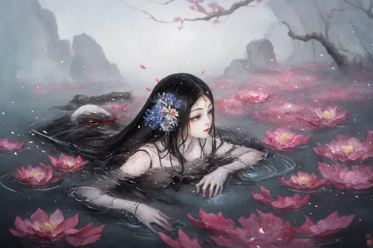 shanze, black hair, 1girl, petals, long hair, water, solo, partially submerged, flower, traditional media,
high quality,