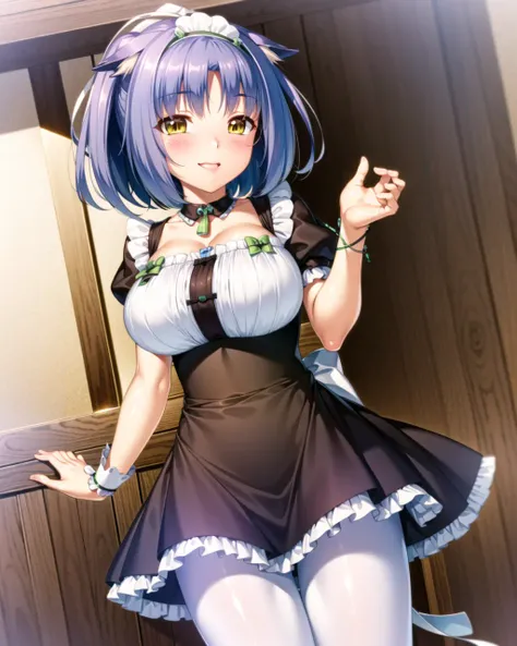 ((masterpiece)), ((best quality)), ((highres)), ((extremely detailed CG unity 8k wallpaper)), solo, <lora:cinnamon_neko:1>, nekopara outfit, indoors, white leggings, smile, cat pupils, slit pupils, cat eyes