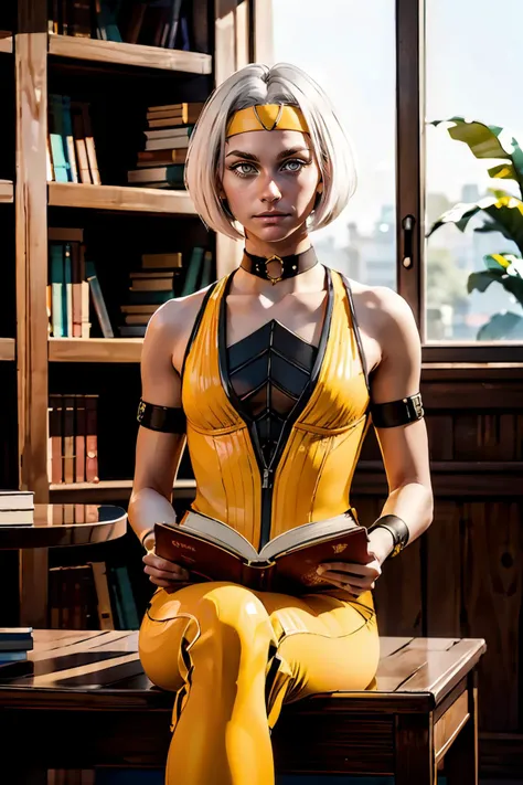 kmeleon, white eyes, white hair, bob cut, white eyes,headband, yellow bodysuit, choker, looking at viewer, serious, smirk,
sitting, inside a library, reading a book, table, books, candle, shelves, extreme detail, masterpiece, <lora:KhameleonMK1-10:.7>