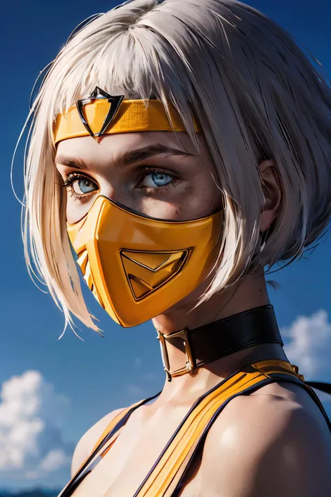 kmeleon, white eyes, white hair, bob cut, white eyes,mask, headband, yellow bodysuit, choker, looking at viewer, serious, portrait, outside, blue sky, extreme detail, masterpiece, <lora:KhameleonMK1-10:.7>