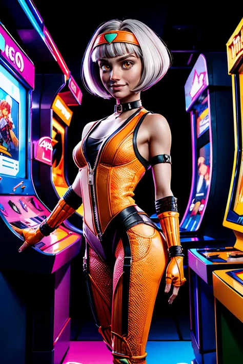 orange attire, Kmeleon,orange eyes, white bob cut hair, headband, bodysuit, choker, fingerless gloves, zipper, looking at viewer, smiling, standing, inside arcade, arcade cabinet, neon lighting, high quality, masterpiece, <lora:Khameleon:.7>