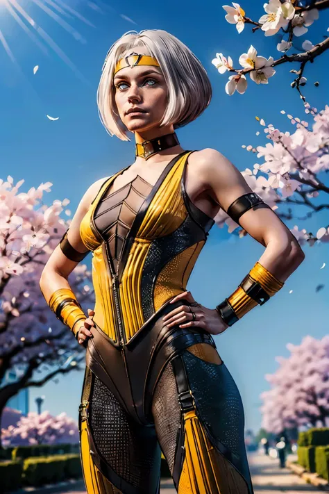 kmeleon, white eyes, white hair, bob cut, white eyes,headband, yellow bodysuit, choker, looking at viewer, standing, hands on hips, outside, palace, garden, cherry blossom, blue sky, extreme detail, masterpiece, <lora:KhameleonMK1-10:.8>