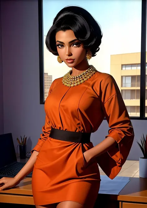 SixtiesHighFashion, ablack african fashion model with short hair, high fashion, photoshoot, office in background, <lora:SixtiesHighFashion128:1>