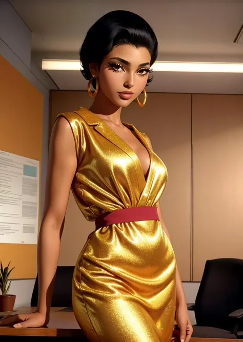 SixtiesHighFashion, a black african fashion model with short hair, high fashion, photoshoot, office in background, <lora:SixtiesHighFashion128:1>