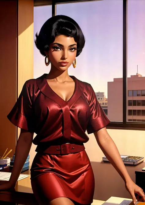 SixtiesHighFashion, a black african fashion model with short hair, high fashion, photoshoot, office in background, <lora:SixtiesHighFashion128:1>