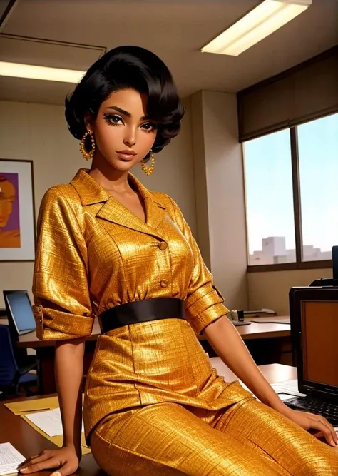 SixtiesHighFashion, ablack african fashion model with short hair, high fashion, photoshoot, office in background, <lora:SixtiesHighFashion128:1>