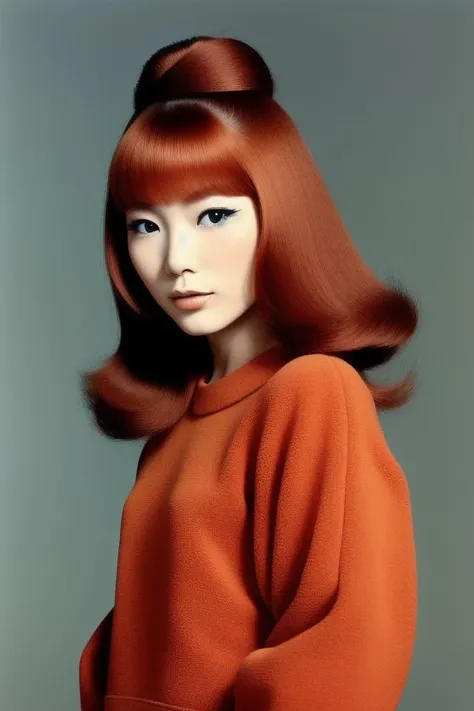 a beautiful Japanese woman with auburn hair by SixtiesHighFashion <lora:SixtiesHighFashion-000002:0.8>