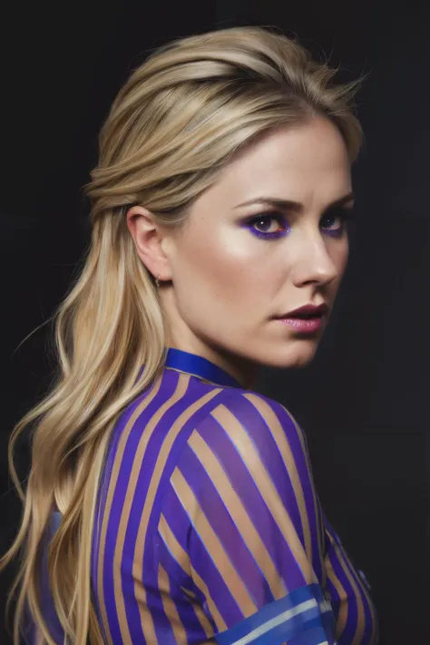 portrait photo of apq,(blue and purple striped shirt), (dirty blonde hair), alluring portrait, intricate, highly detailed, digital painting, artstation, concept art, naughty, sharp focus, cinematic lighting, illustration, art by artgerm and greg rutkowski, alphonse mucha, cgsociety,<lyco:AnnaPaquin-RealVision-V1.0:1.0>,