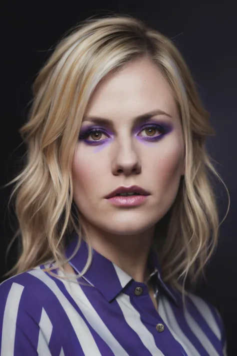portrait photo of apq,(blue and purple striped shirt), (dirty blonde hair), alluring portrait, intricate, highly detailed, digital painting, artstation, concept art, naughty, sharp focus, cinematic lighting, illustration, art by artgerm and greg rutkowski, alphonse mucha, cgsociety,<lyco:AnnaPaquin-RealVision-V1.0:1.0>,