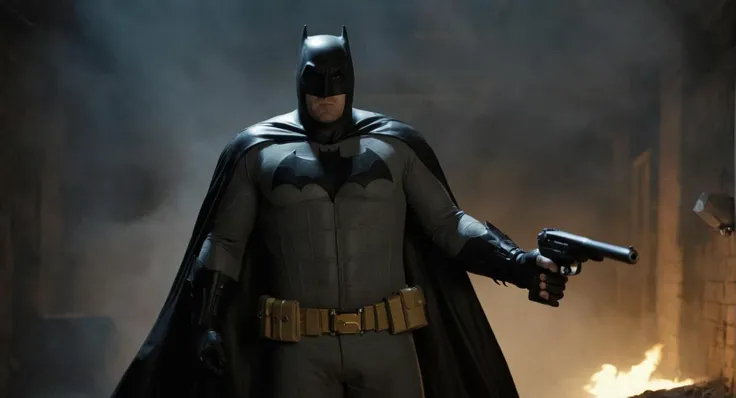 Conceptual Art of Cinematic Film stock footage in (arri alexa style) Kodak film print, <lora:batman:1> batman a man in a trench coat and batman mask holding a gun, concept art