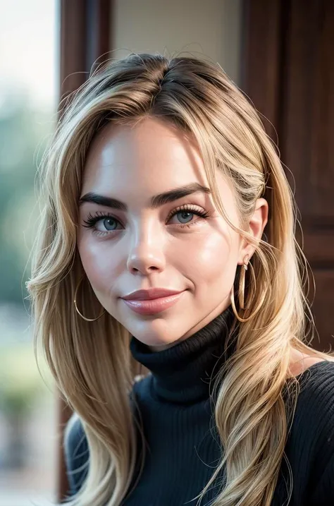 detailed and realistic portrait of beautiful (McKaylaM), sexy, 25yo, blonde_hair, blue_eyes, long_hair, closed_mouth, lips, smile, jewelry, wearing a black sweater turtleneck, looking_at_viewer, shot outside, soft natural lighting, portrait photography, magical photography, dramatic lighting, photo realism, ultra-detailed, intimate portrait composition, Leica 50mm, f1. 4, <lora:add_detail:0.2>