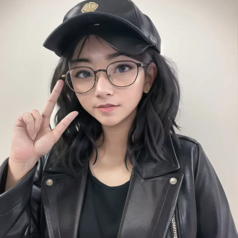 1girl, solo, freya jkt48, closed mouth, jacket, black jacket, hat, glasses, realistic <lora:freya-jkt48:0.6>