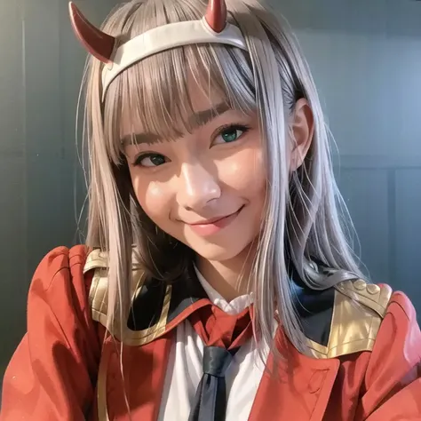 1girl, realistic, freya jkt48, lips, solo, zero two \(darling in the franxx\), darling in the franxx, 1girl, ascot, bangs, blue background, green eyes, hairband, horns, long hair, long sleeves, looking at viewer, red jacket, closed jacket, military uniform orange ascot, pink hair, red horns, simple background, smile, solo, standing, uniform, white hairband , intricate details, natural light, RAW photo, 8k uhd, film grain <lora:freya-jkt48:0.7>  <lora:zeroTwoDARLINGInThe_offset:1>