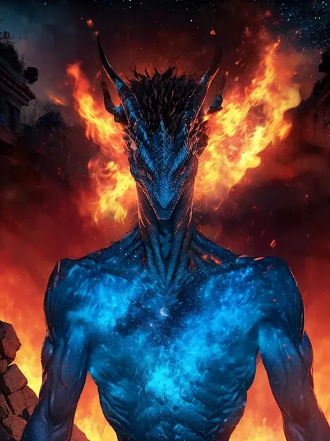 RAW photo, (high detailed skin, detailed eyes:1.1), intricate details, best quality, 8k uhd, soft lighting, 1girl, dragon_form, fire, ruins, muscular, (starry,stars:1.2) <lora:LAS:1> <lora:dragon_form:0.8>