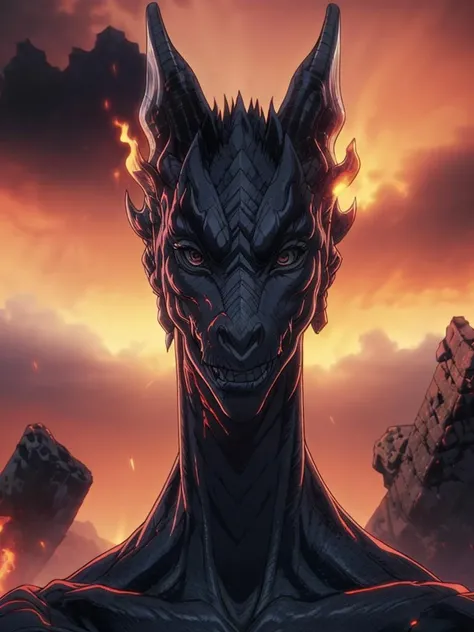 RAW photo, (high detailed skin, detailed eyes:1.1), intricate details, best quality, 8k uhd, soft lighting, 1girl, dragon_form, fire, ruins, muscular <lora:dragon_form:0.8> <lora:Bleach-tybwV1:1>