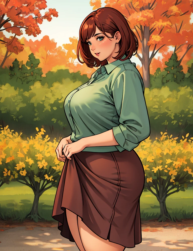 woman at the autumn park, wearing a flared short skirt and blouse, (chubby curvy body frame and weight), taken from the side, looking at viewer, best quality masterpiece, photorealistic, detailed, 8k, HDR, shallow depth of field, high contrast, chromatic aberration, sharp focus, RAW color photo, green grass, vignette,