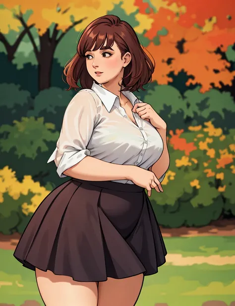 woman at the autumn park, wearing a flared short skirt and blouse, (chubby curvy body frame and weight), taken from the side, best quality masterpiece, photorealistic, detailed, 8k, HDR, shallow depth of field, high contrast, chromatic aberration, sharp focus, RAW color photo, green grass, vignette,