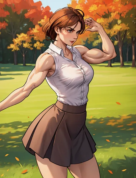 woman at the autumn park, wearing a flared short skirt and blouse, (toned muscles:1.4), taken from the side, looking at viewer, best quality masterpiece, photorealistic, detailed, 8k, HDR, shallow depth of field, high contrast, chromatic aberration, sharp focus, RAW color photo, green grass, vignette,