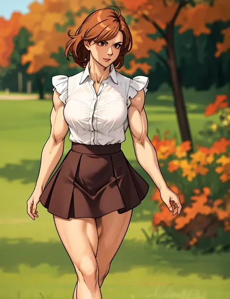 woman at the autumn park, wearing a flared short skirt and blouse, (toned muscles:1.4), taken from the side, looking at viewer, best quality masterpiece, photorealistic, detailed, 8k, HDR, shallow depth of field, high contrast, chromatic aberration, sharp focus, RAW color photo, green grass, vignette,