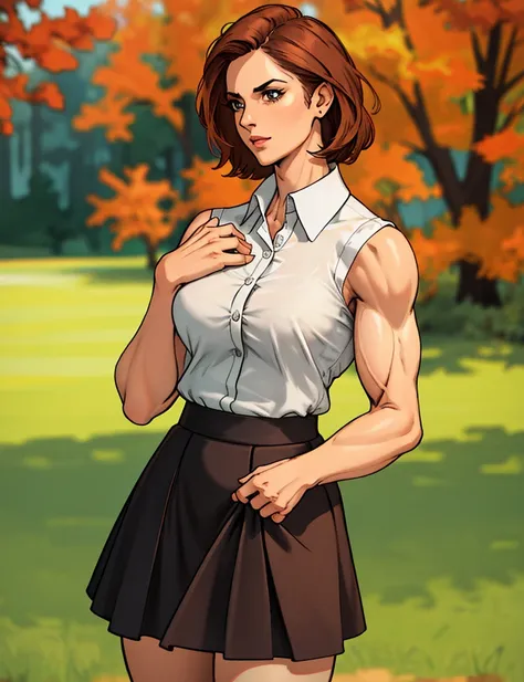 woman at the autumn park, wearing a flared short skirt and blouse, (toned muscles:1.4), taken from the side, looking at viewer, best quality masterpiece, photorealistic, detailed, 8k, HDR, shallow depth of field, high contrast, chromatic aberration, sharp focus, RAW color photo, green grass, vignette,