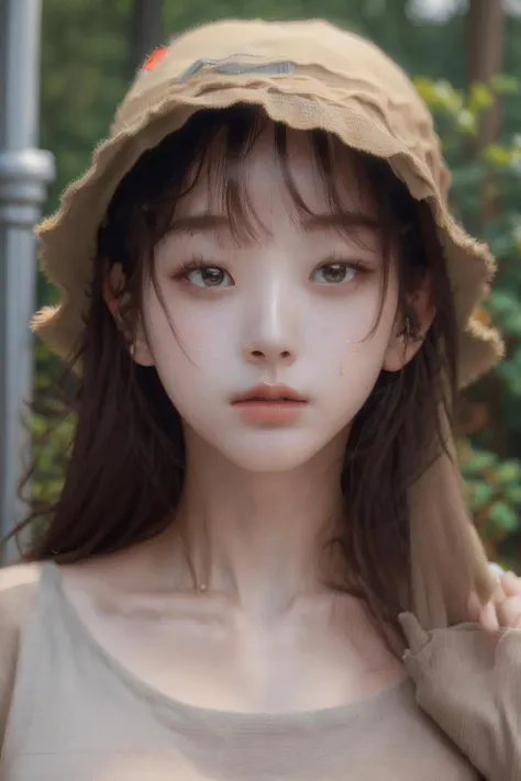 Best quality, masterpiece, ultra high res, (photorealistic:1.4), raw photo, (upper body:1.2), facing viewer, <lora:KwonAhreum:1>, bucket hat,