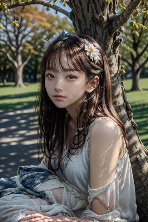 portrait, a woman looking at the sky and sitting under a big tree at a beautiful park, shadow, daylight, blue sky, clouds, <lora:KwonAhreum:1>, wearing white floral dress, bangs hairstyle, long hair, bow, soft smile, petals falling, autumn, <lora:add_detail:1>, <lora:tangbohu_smallhead:1.5>