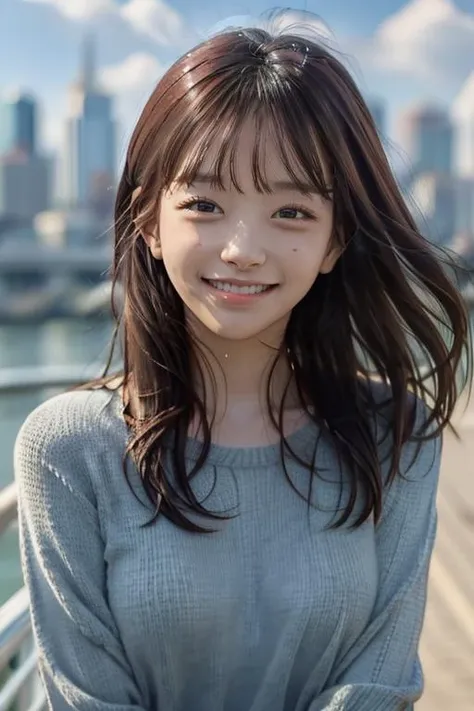 Best quality, masterpiece, ultra high res, (photorealistic:1.4), sharp focus, bokeh, (close-up:1.3), 1girl, leogirl, a young woman walking by the Han River, sunlight, blue sky, clouds, <lora:KwonAhreum:1>, full bangs, smiling, sweater, slim-fit pants, posing for a picture,