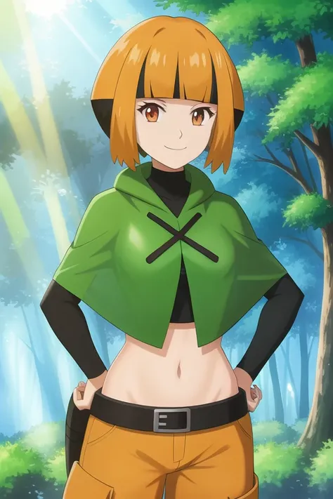 <lora:character_pokemon_gardenia_v1:0.5> forest, light rays, 1girl, character_pokemon_gardenia, solo, cowboy shot, looking at viewer, smile, closed mouth, hands on hips, poncho, cropped shirt, long sleeves, midriff, belt, shorts