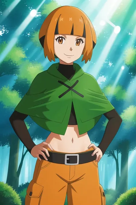 <lora:character_pokemon_gardenia_v1:0.5> forest, light rays, 1girl, character_pokemon_gardenia, solo, cowboy shot, looking at viewer, smile, closed mouth, hands on hips, poncho, cropped shirt, long sleeves, midriff, belt, shorts