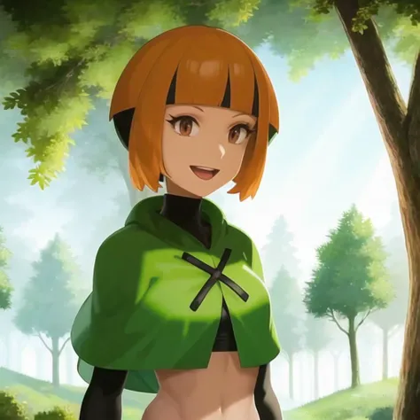 <lora:character_pokemon_gardenia_v2:0.7> forest, 1girl, character_pokemon_gardenia, solo, (portrait), looking at viewer, smile, open mouth, poncho, cropped shirt, long sleeves, midriff