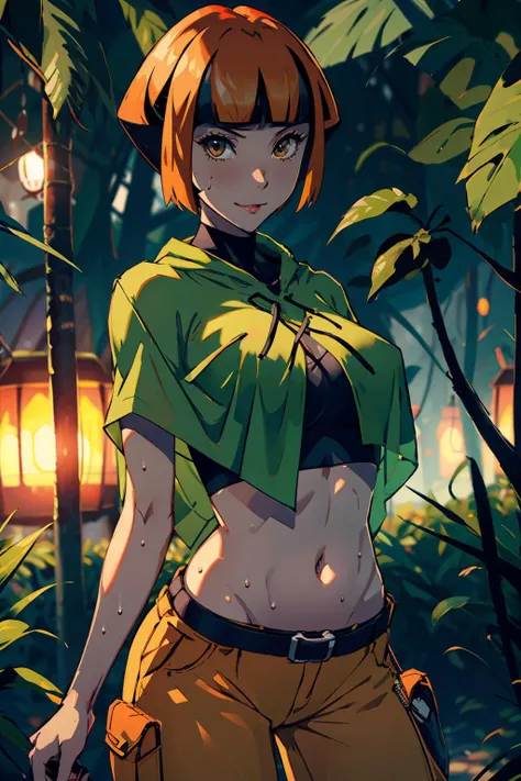 8k, high res, best quality, (finely detailed beautiful eyes: 1.2), (beautiful and clear background:1.2), (extremely detailed CG, ultra-detailed, best shadow :1.1), (illustration:1.1), (extremely fine and beautiful:1.1), (perfect details:1.1), gorgeous, bloom, specular lighting, soft lighting, night, gardenia \(pokemon\), 1girl, , solo, poncho, cropped shirt, midriff, belt, shorts, bag, looking at viewer, smile, sweat, (abs:0.5), tropical jungle, flowers, head to thigh, breast focus, <lora:character_pokemon_gardenia_v3:1>