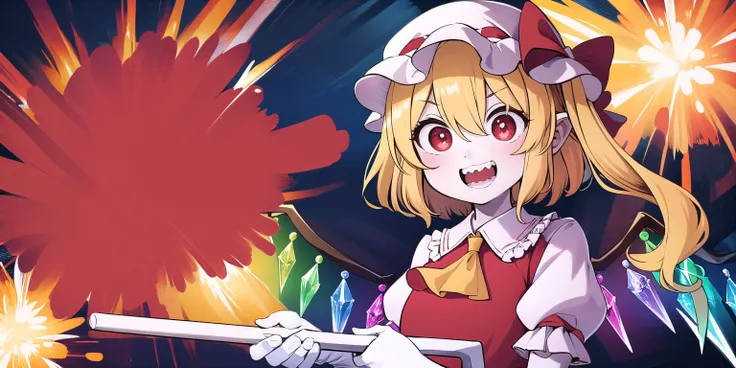 <lora:Akari Has Arrived:1:1:lbw=0.5,0,0,0,1,0,1,1,1,0.5,1,0,0,0,0,0,0>, yatte kita zo, smile, open mouth, teeth, holding, explosion, 1girl:1.5,<lora:flandre_scarlet-10:0.8>,(flandre_scarlet:1.3), red eyes, pale skin, wings, crystal, hat, shirt, frills, ribbon, red vest, red skirt, one side up, puffy sleeves, white mob cap,blonde hair,