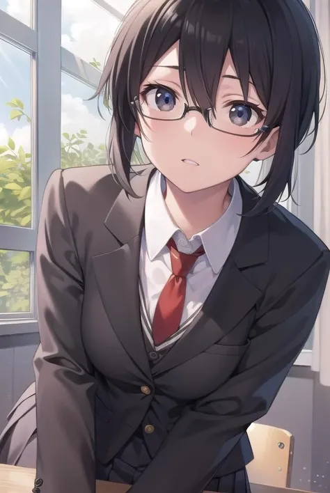 shinoasada, <lora:shinoasada-lora-nochekaiser:1>,
shino asada, (black eyes:1.5), black hair, hair between eyes, hair ribbon, short hair, sidelocks, glasses, (small breast:1.2),
BREAK blazer, black jacket, black skirt, jacket, necktie, pleated skirt, red necktie, ribbon, school uniform, skirt, tress ribbon,
BREAK looking at viewer,
BREAK indoors, classroom,
BREAK <lyco:GoodHands-beta2:1>, (masterpiece:1.2), best quality, high resolution, unity 8k wallpaper, (illustration:0.8), (beautiful detailed eyes:1.6), extremely detailed face, perfect lighting, extremely detailed CG, (perfect hands, perfect anatomy),