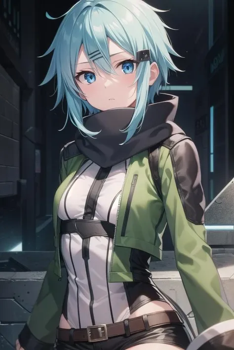 shinoasada, <lora:shinoasada-lora-nochekaiser:1>,
sinon, blue eyes, blue hair, hair ornament, hair between eyes, hairclip, short hair, sidelocks, (small breast:1.2),
BREAK black footwear, black gloves, black shorts, boots, fingerless gloves, gloves, green jacket, green legwear, jacket, leotard, long sleeves, open clothes, open jacket, scarf, short shorts, shorts, thigh strap, white scarf,
BREAK looking at viewer,
BREAK outdoors,
BREAK <lyco:GoodHands-beta2:1>, (masterpiece:1.2), best quality, high resolution, unity 8k wallpaper, (illustration:0.8), (beautiful detailed eyes:1.6), extremely detailed face, perfect lighting, extremely detailed CG, (perfect hands, perfect anatomy),
