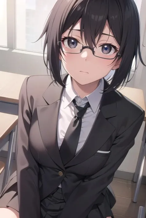 shinoasada, <lora:shinoasada-lora-nochekaiser:1>,
shino asada, (black eyes:1.5), black hair, hair between eyes, hair ribbon, short hair, sidelocks, glasses, (small breast:1.2),
BREAK blazer, black jacket, black skirt, jacket, necktie, pleated skirt, red necktie, ribbon, school uniform, skirt, tress ribbon,
BREAK looking at viewer,
BREAK indoors, classroom,
BREAK <lyco:GoodHands-beta2:1>, (masterpiece:1.2), best quality, high resolution, unity 8k wallpaper, (illustration:0.8), (beautiful detailed eyes:1.6), extremely detailed face, perfect lighting, extremely detailed CG, (perfect hands, perfect anatomy),