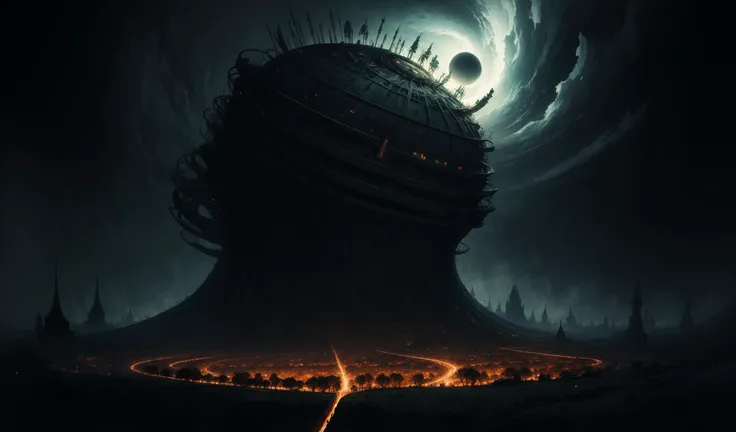 (masterpiece, best quality, ultra-detailed, best shadow), (fantastic perfect art:1.1), no humans, (fantastic perfect art:1.85), (gloomy illumination, stunning, dramatic, completed artwork), photo, black holes (in megapolis at (duskin a thunder, cirrus clouds, (wind:1.35):1.35):0.3), (by Roger Dean:1), stunning, matted, by (Roger Dean:0.6), (by Asahina Makoto:0.75), (fantastic perfect art:1.45), (gloomy illumination, stunning, dramatic, completed artwork),