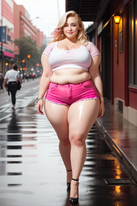 (masterpiece:1.2) (illustration:1.2) full-body image (best quality) (detailed) (intricate) (8k) (HDR) (wallpaper) (cinematic lighting) (sharp focus) perfect face, beautiful face, beautiful eyes, weightchubby, (((double chin))) nsfw, (((blonde bimbo))), (long blonde hair), ((pear shaped body)) strong shoulders, small breasts, round ass, plump thighs, smiling expression, heavy pink eye makeup, long fingernails, jewelry, diamonds, high heels, wet skin, oily skin, shiny skin, (((pink))) crop top and cutoff shorts, lewd pose, walking down a busy street <lora:obeseGirlsConcept_v10:0.5>