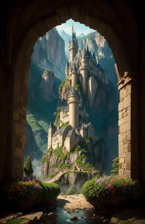 A forbidden castle high up in the mountains, pixel art, (intricate details:1.12), hdr, (intricate details, hyperdetailed:1.15), (natural skin texture, hyperrealism, soft light, sharp:1.2), game art, key visual, surreal