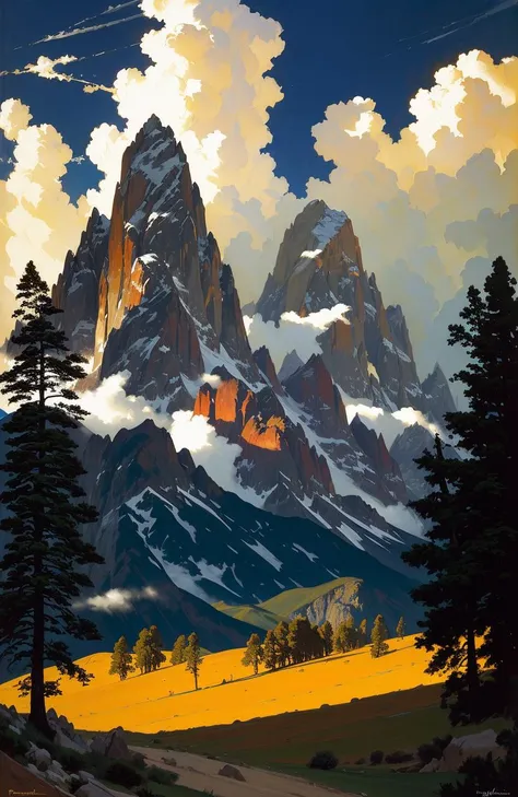 painting by sargent and rhads and leyendecker and greg hildebrandt evening sky, low thunder clouds foothpath with trees at indian summer with zugspitze fitz roy in background, colours green, red, blue black and white, acuarela
