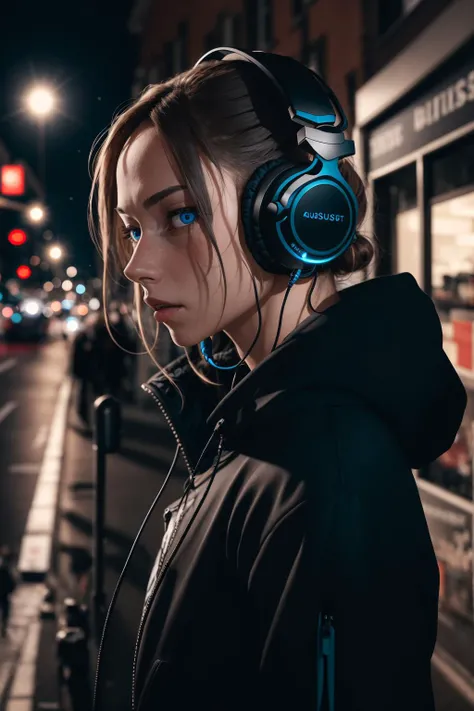 absurdres, best quality,1girl, solo, standing, eye focus, blue eyes, street, night, black theme, (from side:0.5), looking at viewer, headphones,