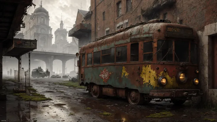 (masterpiece), (best quality:1.2), (realistic, photo-realistic:1.2), ultra-detailed, , steampunk, bloodborn,  debris, drama,tram, dark, armor, microbus, shadow, soft shadows, soft lighting, particles, cinematic light,high quality, abondoned, saint-petersburg, extreme angle,  nuclear, fog,  shattered glass, concept,       film grain, professional lighting, best quality,(photorealistic:1.1), absurdres,  depth of field, realism, rust, graffiti, moss, artstation, spikes