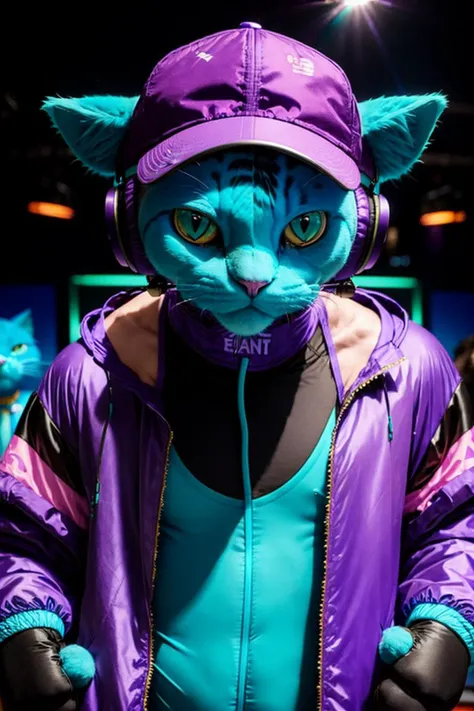 (((giant turquoise male human cat wearing a purple jacket))), perfect body,using purple headphones ,(black tshirt) , black jeans pants,((black cap backwards)) , nigth , at the club mixing music <lora:Trush-B:0.1>,<lora:sxz-concept:1>,