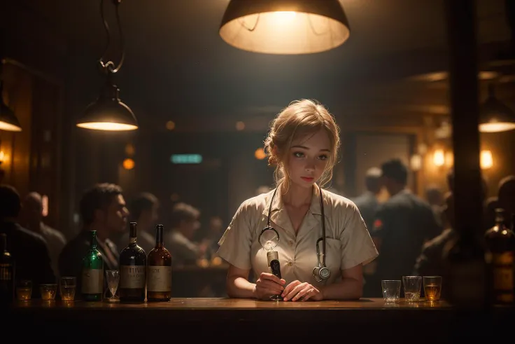 (dark shot:1.1), (noir:1), epic realistic, photo of a 27 years old beautiful nurse, freckles, inside a crowded bar, crowd on background, (looking at viewer:1.3), (soft smile:1.1), white nurse outfit, spooky atmosphere, horror, soft cinematic light, bottles of liquors in background, stethoscope on table, adobe lightroom, photolab, hdr, intricate, highly detailed, (depth of field:1.4), faded, (neutral colors:1.2), (hdr:1.4), (muted colors:1.2), hyperdetailed, (artstation:1.4), cinematic, warm lights, dramatic light, (intricate details:1.1), complex background, (teal and orange:0.4), (intricate details:1.12), hdr, (intricate details, hyperdetailed:1.15), ((intricate details)),