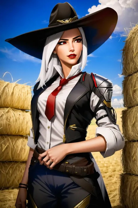 best quality, intricate details,


1girl,  <lora:asheOverwatchLORA_v1:0.8> ashe, red eyes,black jacket, white shirt, red tie, black cowboy hat,

hay, haypile, farm, straw,