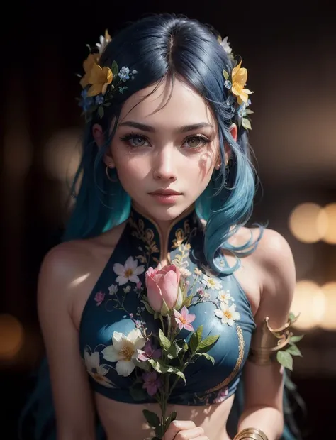 fashion photography portrait of flower fairy, in blue lush jungle with flowers and birds,1 head ,(alphonse mucha style:1.2), 3d render, cgi, symetrical, octane render, 35mm, bokeh, 9:16, (intricate details:1.12), hdr, (intricate details, hyperdetailed:1.15), (natural skin texture, hyperrealism, soft light, sharp:1.5)