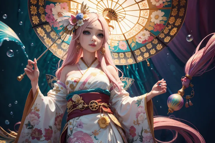 ornamental, intricate details, 3d render, cgi, symetrical, octane render,), hdr, (hyperdetailed:1.15), (soft light, sharp:1.2), rainbow painting drops, paint teardrops, woman made up from paint, entirely paint, splat, splash, SUPER  long hair, kimono made from paint, detailed texture kimono, underwater, water bulb, feather,  centaur, <lora:centaurConcept_V1:0.8> ,  <lora:blindbox_V1Mix (1):0.4>, chibi,
