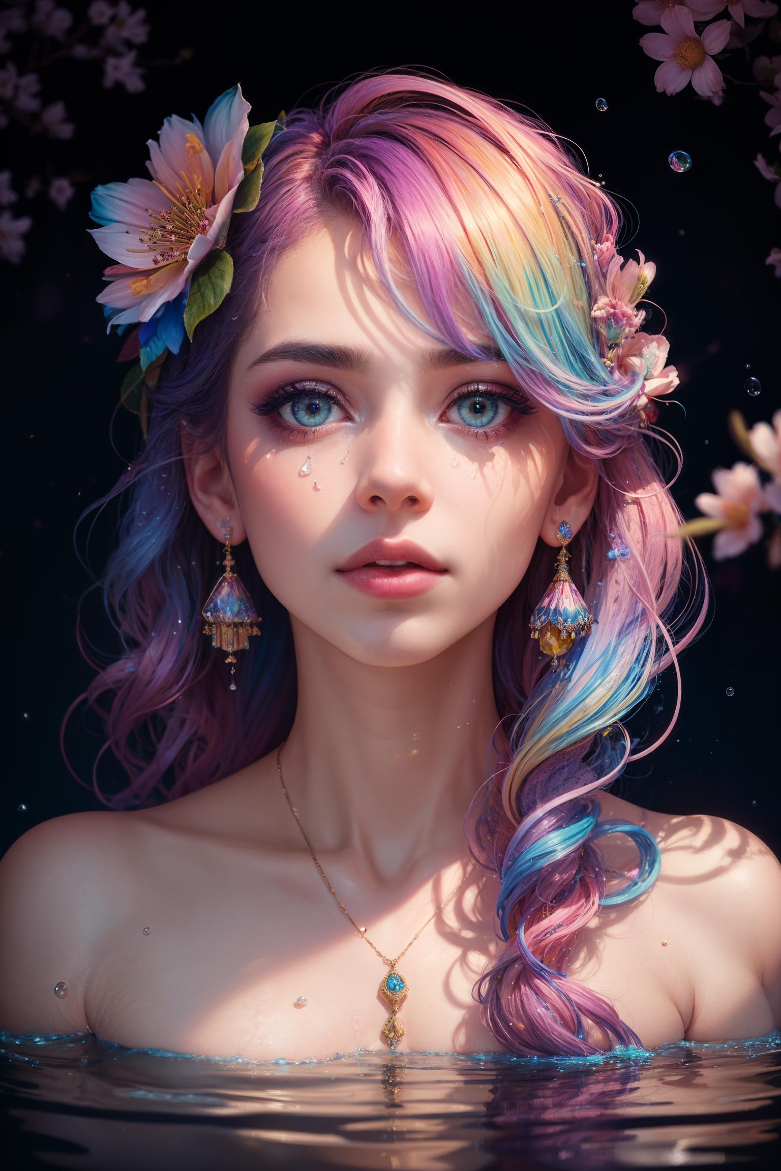 A woman with colorful hair and flowers in her hair - SeaArt AI