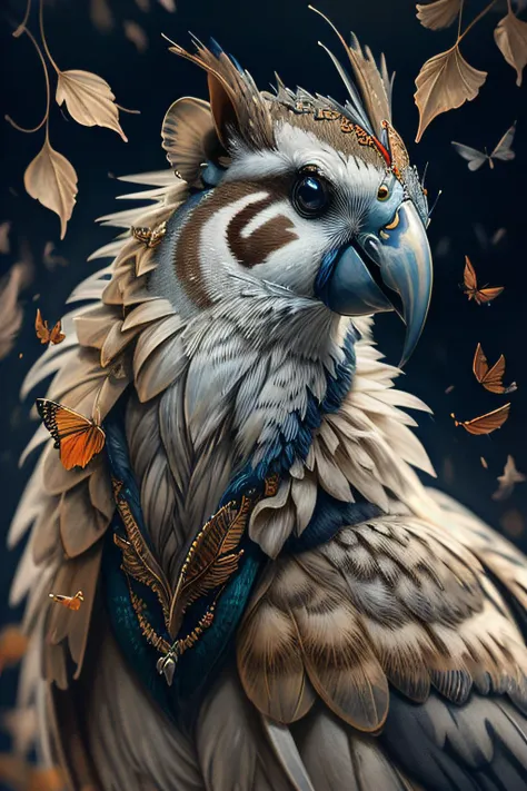 a close up of a bird with feathers and a crown on its head