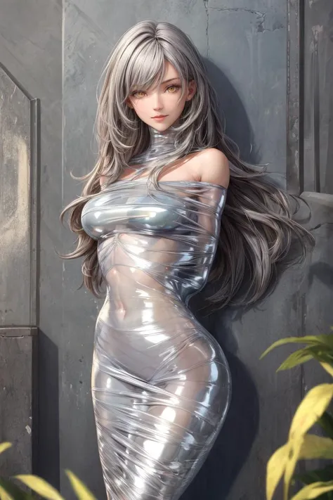 ((masterpiece)), (best quality), ah1, perfect anatomy, detailed skin, highly detailed, absurdres, (highres:1.1), perfect lighting,
1girl, solo,
(mummified, mummification \(bound\), restrained, off shoulder,:1.3),
light smile, (transparent:1.4), (shiny clothes,latex, skin tight, tight clothes:1),
very long hair, (shiny skin, oiled:1.2),
stelle hsr,
gray hair,long hair,yellow eyes, large breasts,
<lora:add_detail:1> <lora:hairdetailer:0.3> <lora:stelle_hsr:0.6> <lora:mummification13:1>
